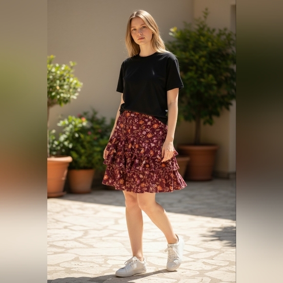 American Eagle Outfitters Dresses & Skirts - American Eagle Burgundy Floral Print Boho Flowy Skirt SZ L